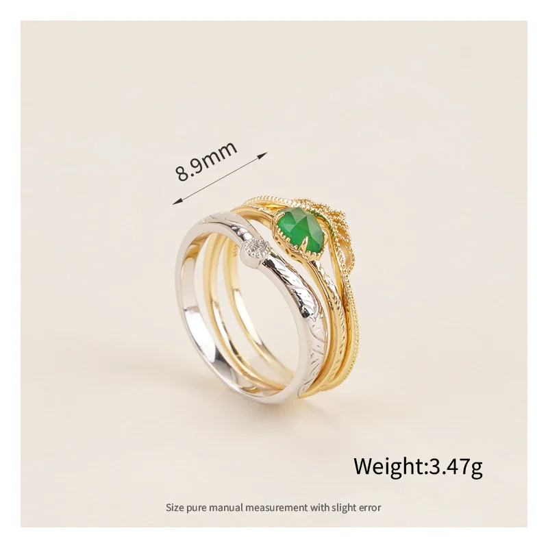 925 Sterling Silver 14K Gold Plated Gemstones Christmas Vintage Leaf Carving Natural Green Chalcedony Ring