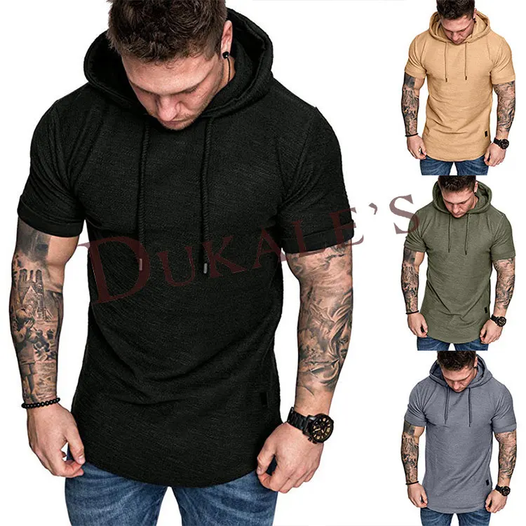 Slub Patched Curved Hem Mens Hooded Round Neck Bottom White Hemp Fiber Charcoal Hoodies Short Sleeve Bamboo Men Hoodies T-Shirt