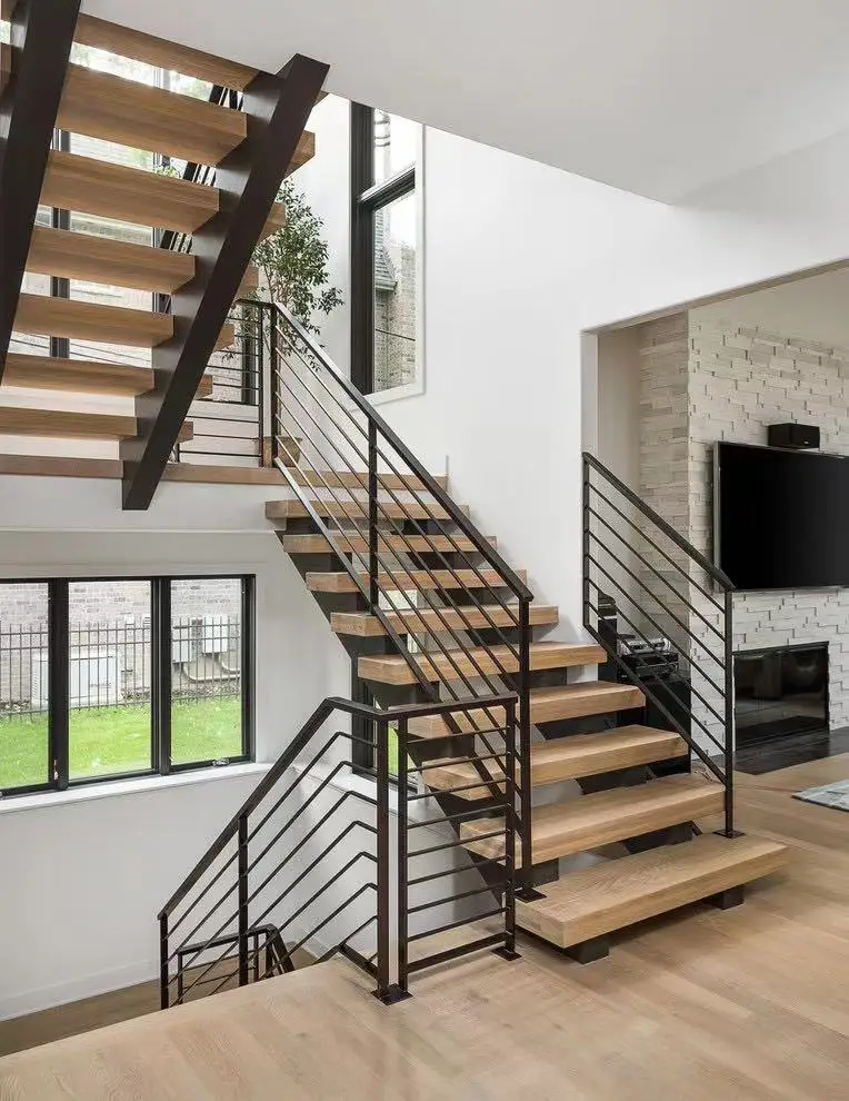 Hot Design Modern Attic Wooden Floating Straight Staircase Wood Stairs Treads Invisible Wall Side Stringer Stairs
