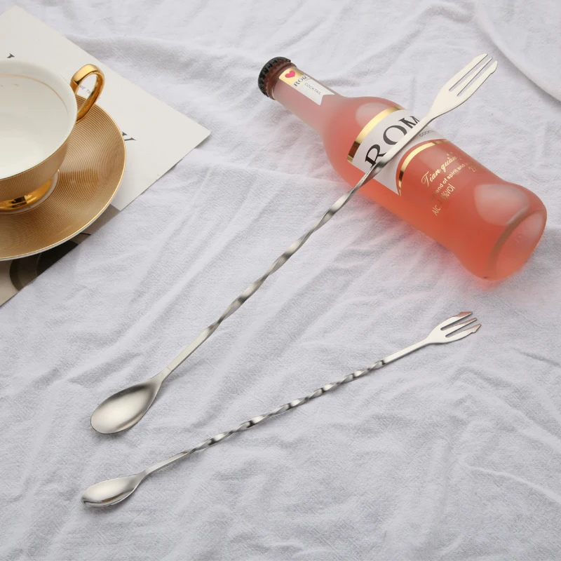 Long Handle Stainless Steel Bar Cocktail Stirring Twisted Spoon Fork drink mixing spoon with fork