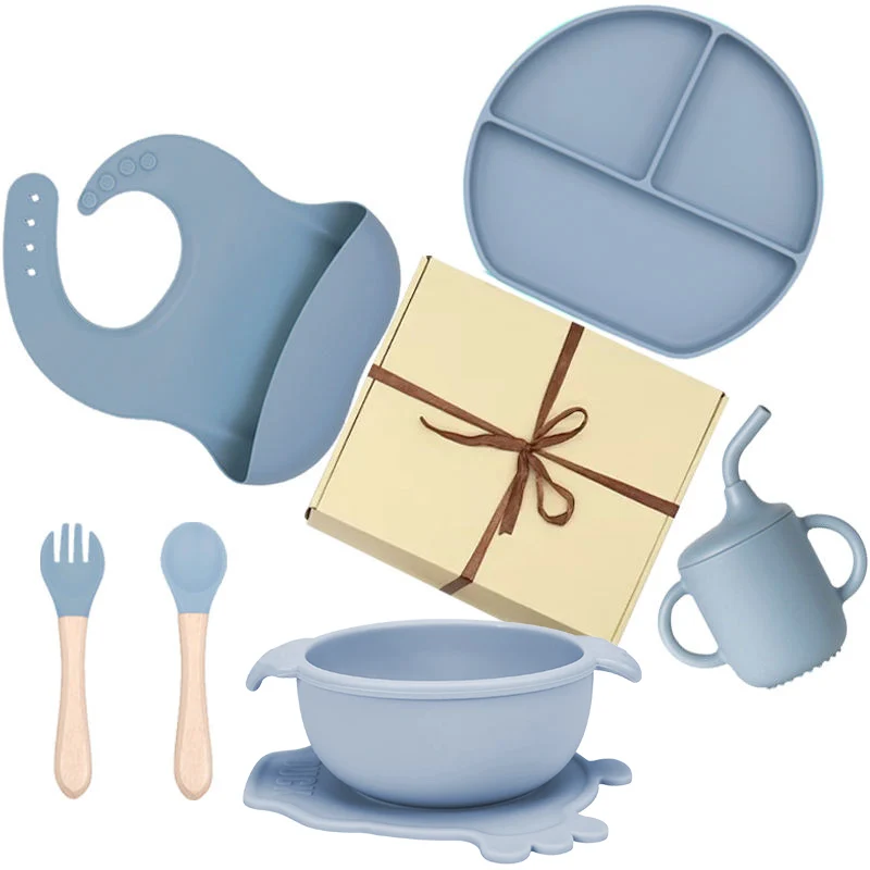 Custom Style Silicone Baby Products BPA Free Food Grade Divider Plate Bibs Suction Bowl Spoon Cup Fork Silicone Baby Food Set
