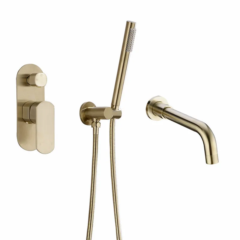 New Design Brass Wall Side Mounted 3 Hole With Sprayer Brushed Gold Bathtub Shower Faucet Set