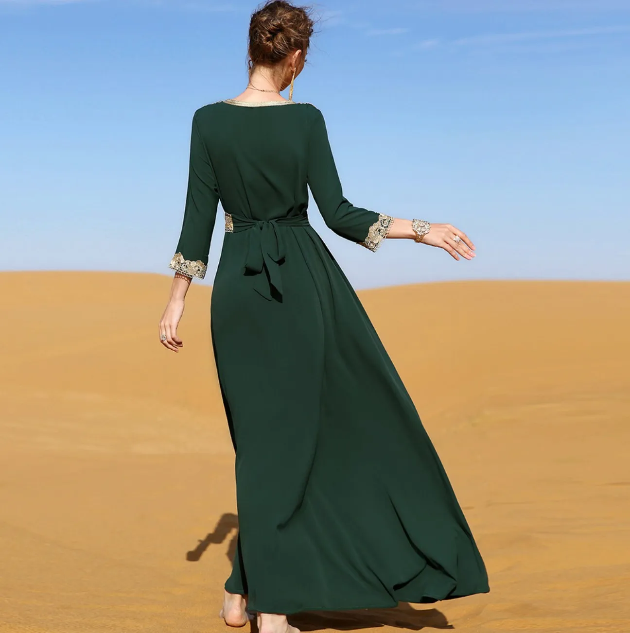 Middle East Southeast dubai turkish long dress islamic clothing women gold lace abaya muslim dress
