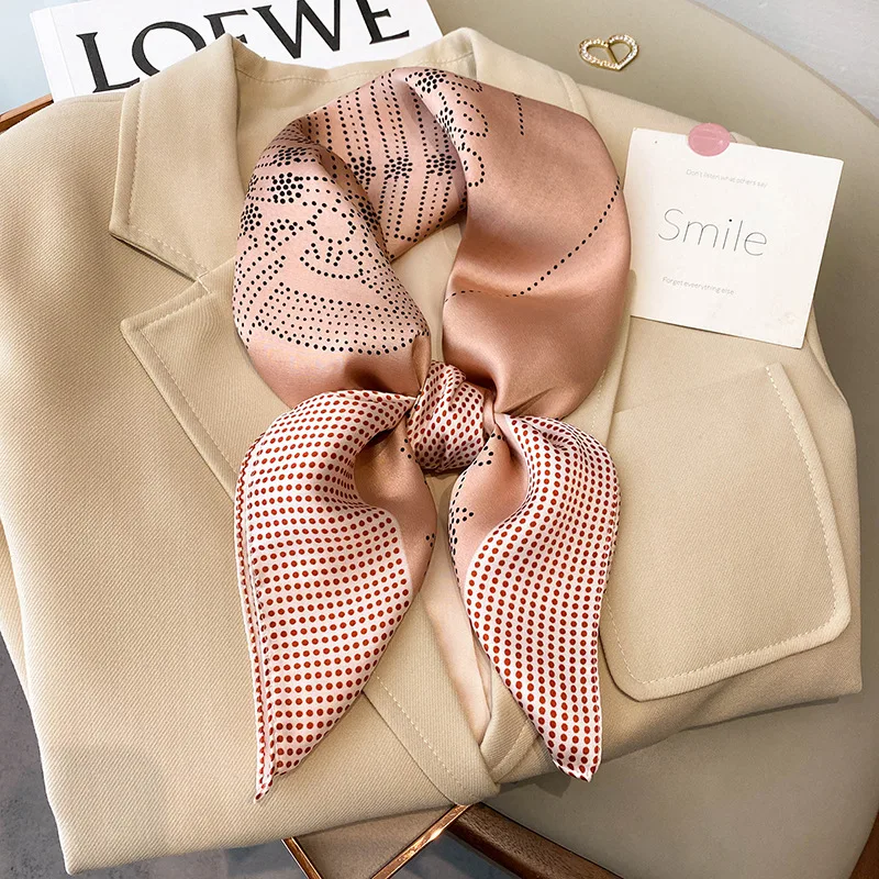 2022 Wholesale ladies 70*70cm plain silk head scarf women fashion small polka dots print silk scarf small square neck tie scarf