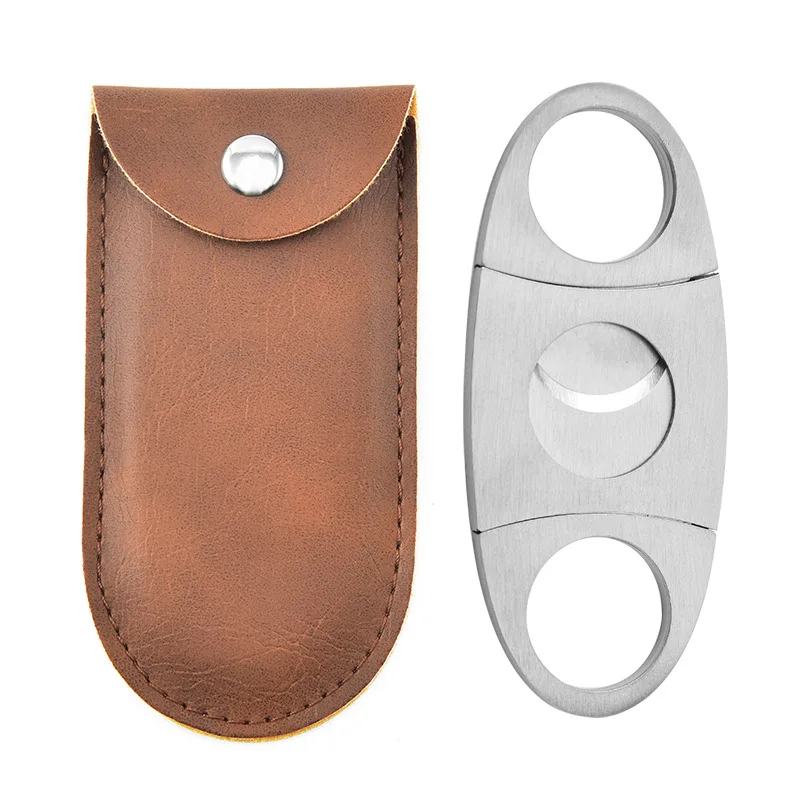 Бесплатный образец классический Гильотинный дизайн серебро из нержавеющей стали гладкое двойное лезвие сигары ножницы с кожаным держателем