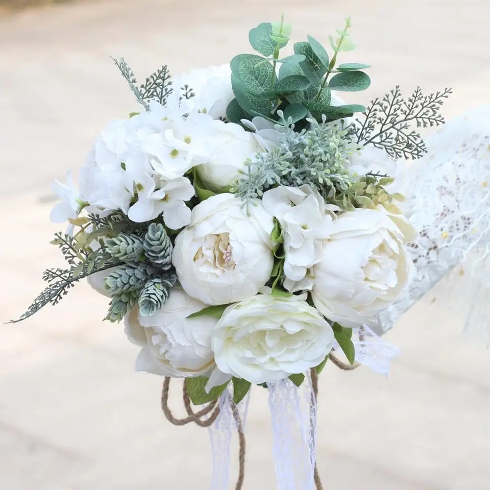 Partycool European Style Peony Bridal Shower Bouquet Silk Flowers Handmade Artificial Wedding Bridesmaid Hand Flower Bouquets