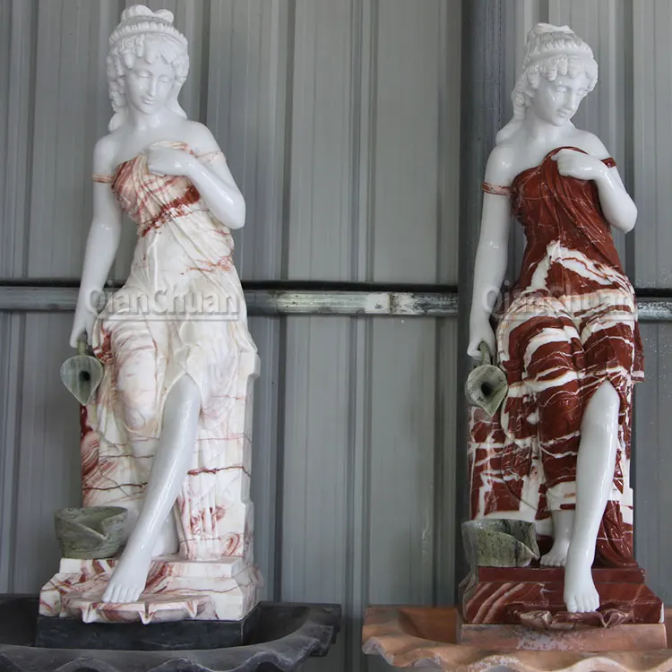 outdoor decor Life Size Natural Stone Outdoor marble Fountain sculpture colorful Marble Garden fountain female statue