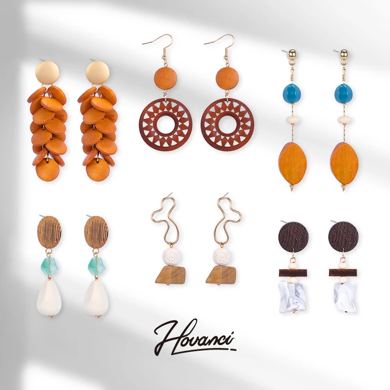 HOVANCI Boho Earrings S925 Stud Large Wood Laser Cut Acrylic Bamboo Ball Long Beads Geometric Earrings