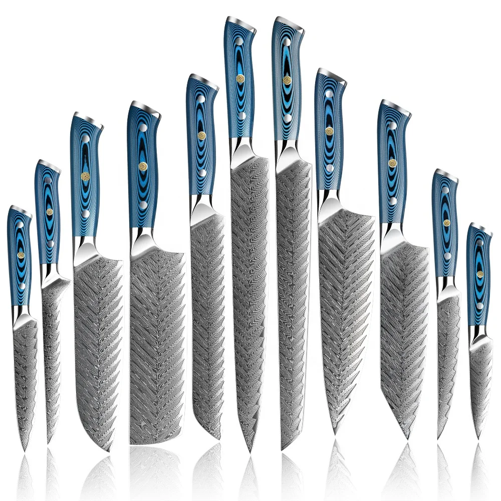 Yangjiang Amber Damascus Kitchen Knife Set with Blue Pakka Belle Wood Handle High Quality Knife Set