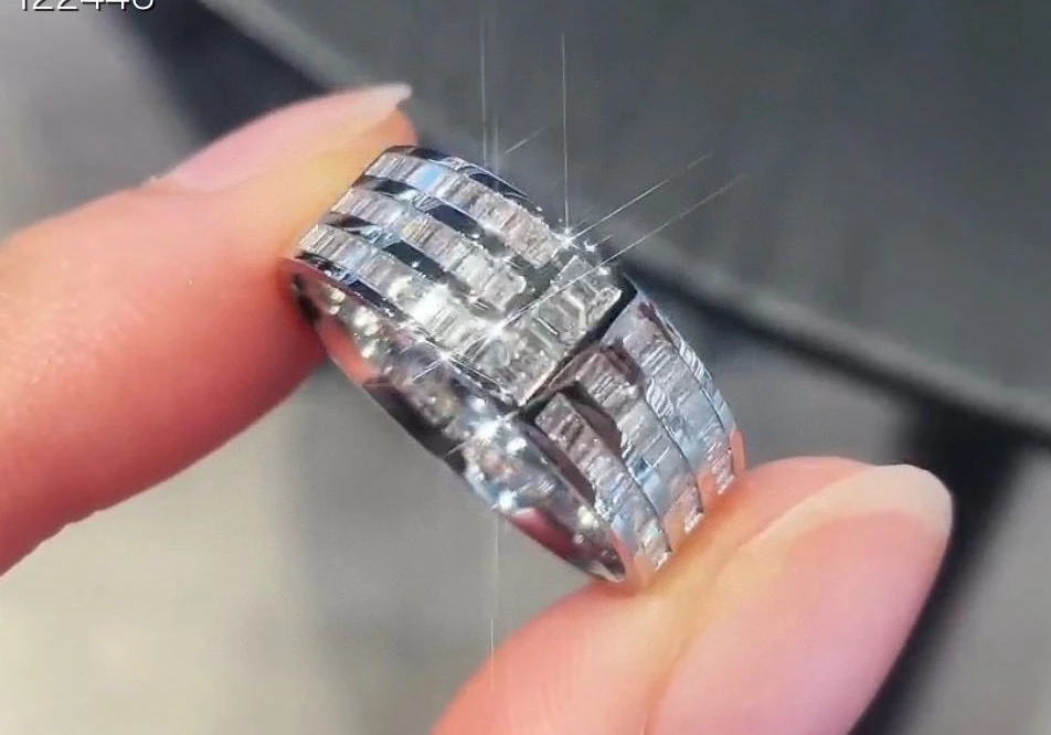Longshine Fashion 3 Rows Baguette Diamonds Men Wedding Band White Color Ring