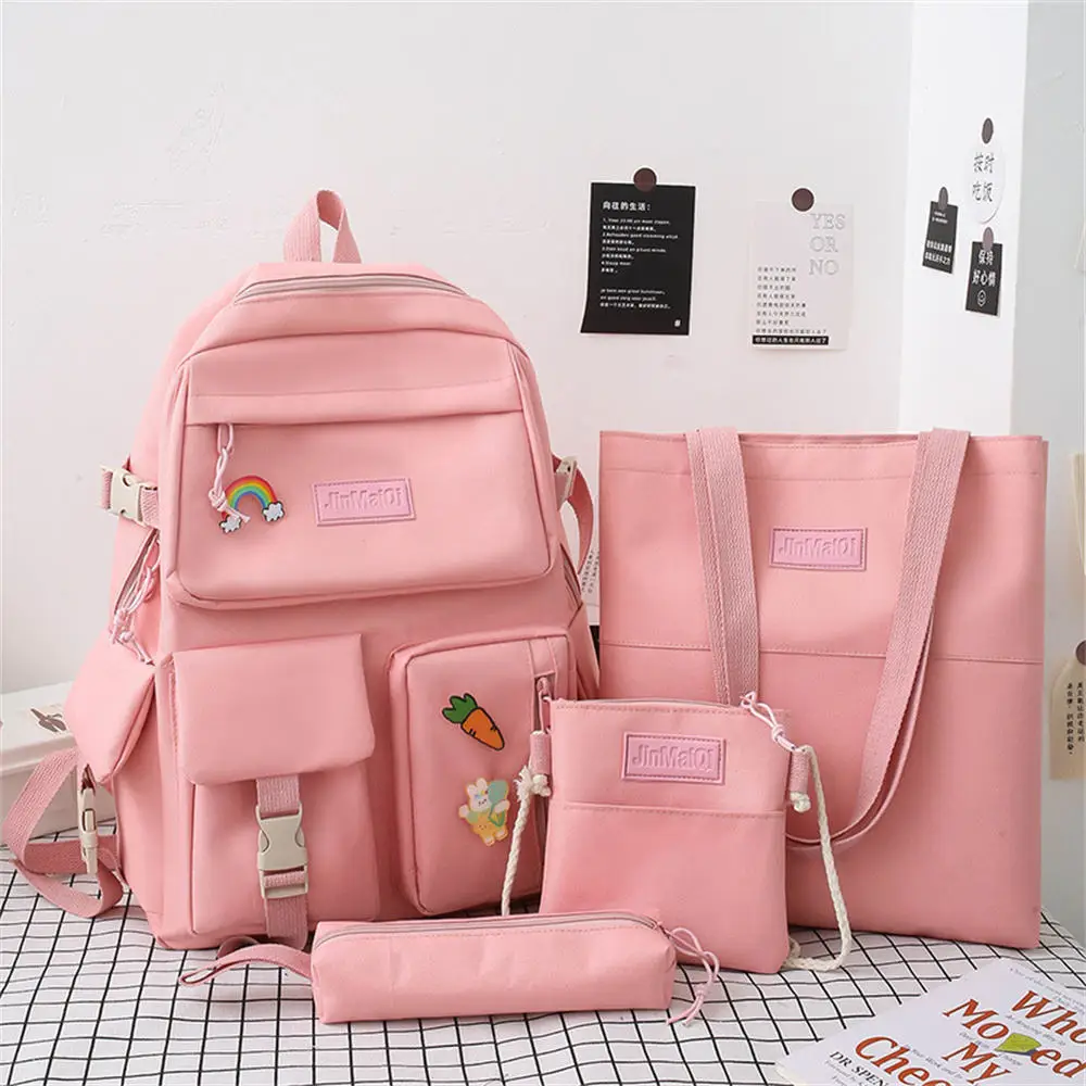 Factory custom student Korean style student nylon schoolbag set four piece set beige pop girls school schoolbag backpack