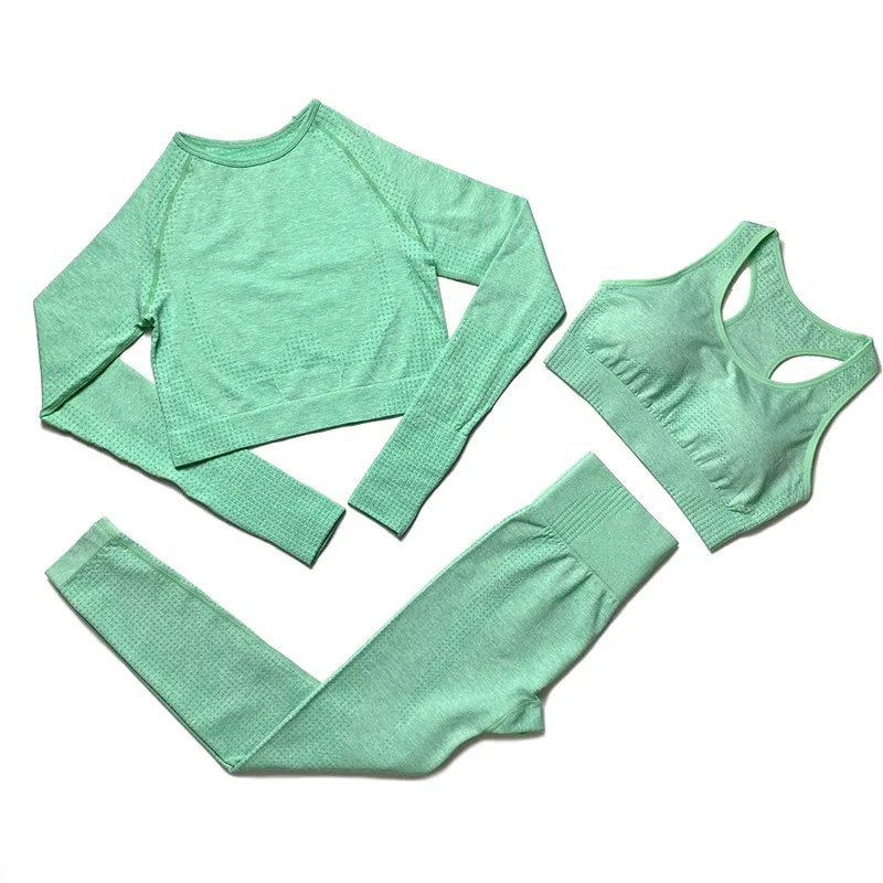TOPKO  High Quality Wholesale seamless Women 3 piece Gym Bra Yoga fitness Wear long sleeve yoga set
