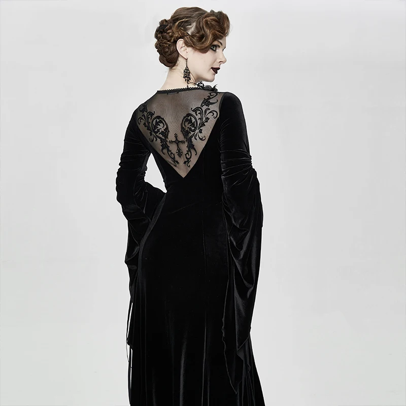 ESKT026 Eva Lady brand ball gown Romantic see through lace sexy women flared sleeve black velvet performance wear evening dress