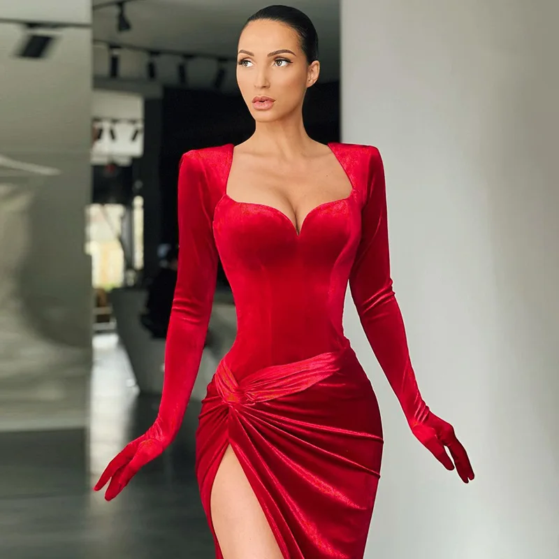 Long sleeve strapless Elegant Square collar Midi party Club Dress Evening Black Sexy Women Red Velvet Dresses