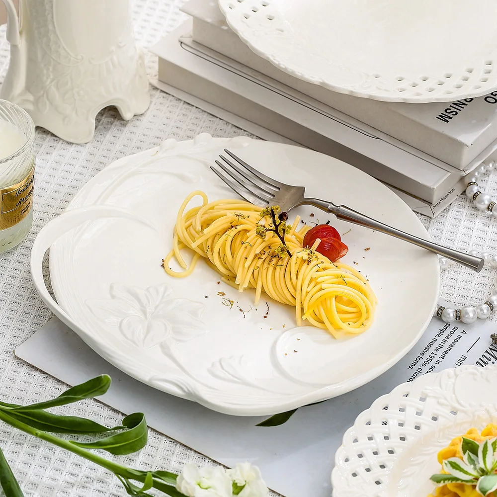 Ceramic retro white steak plate tableware embossed hollow lace plates and dishes