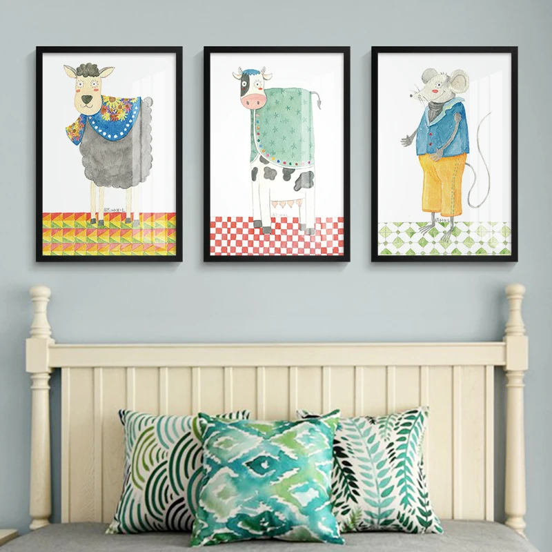 modern lovely cartoon animal oil painting for  girl kids room watercolour giraffe decorative paper and mdf frame wall art