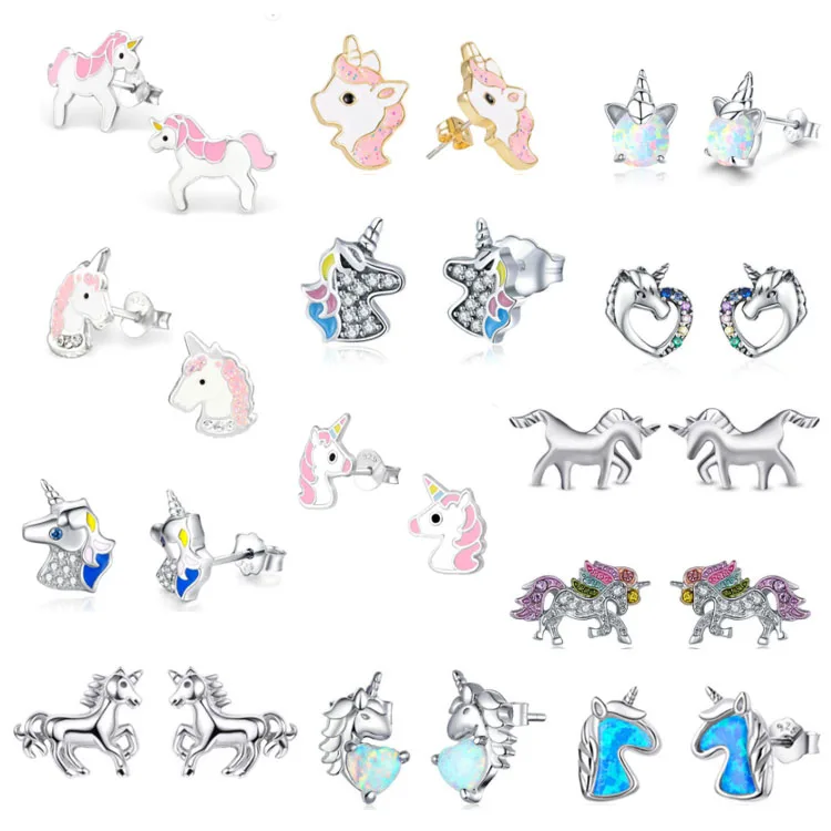 Opal Unicorn Earrings 925 Sterling Silver Stud Earrings For Kids Children