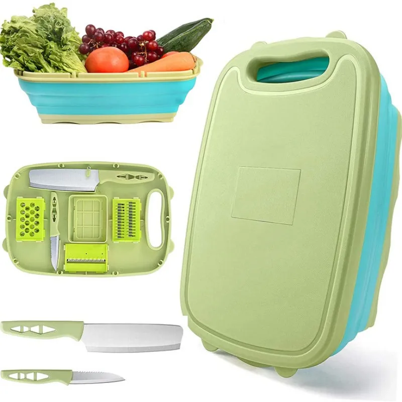 Multifunctional 9 In 1 Portable Kitchen Cutting Board Set Plastic Chopping Board with Collapsible Colander and Vegetable Slicers