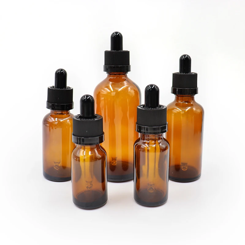 Amber Round Glass Boston Bottle Black Glass Eye Dropper Massage Oil Leakproof Essential Oils Sample Liquid Perfume Container