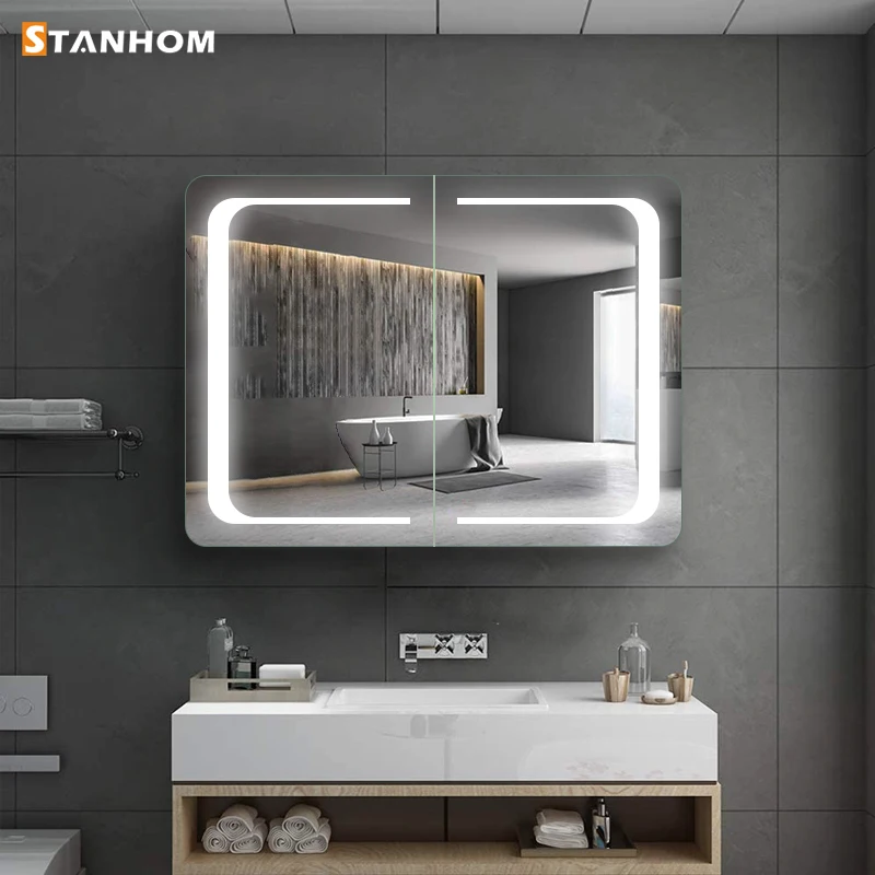 STANHOM Luxury Storage Automatic Anti Fog Vanity Mirror Cabinet for Bathroom Toilet Bedroom