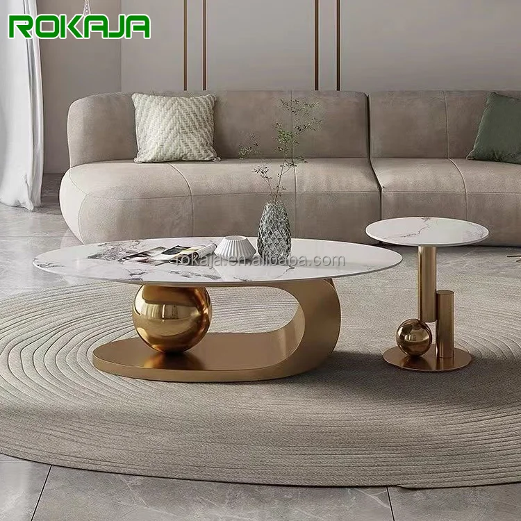 Лидер продаж журнальный столик для приема мраморный камень шарик из нержавеющей стали Овальный центральный чайный набор