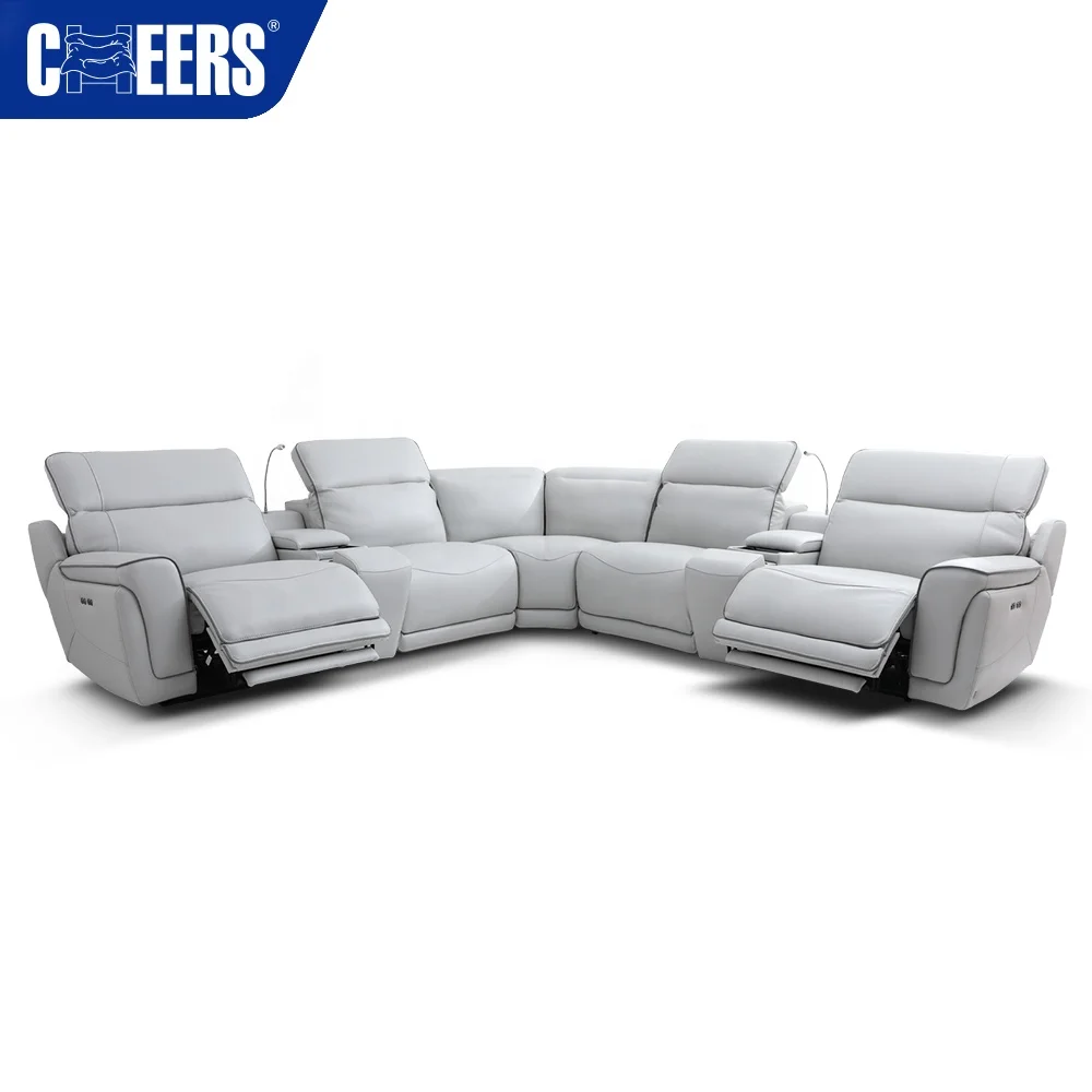 MANWAH CHEERS Genuine Leather Recliner Sectional Sofa With Led Light and Cup Holder, Living Room storage Sofa