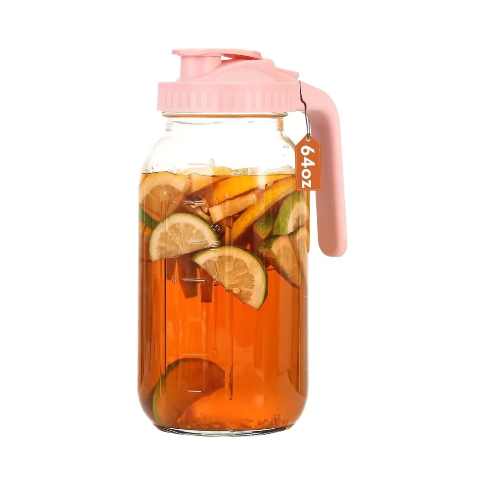 32 oz 64 oz Glass Double Handle Water Jug Wide Mouth Coffee Milk Pitcher Fridge Container Mason Jar with Airtight Pour Spout Lid