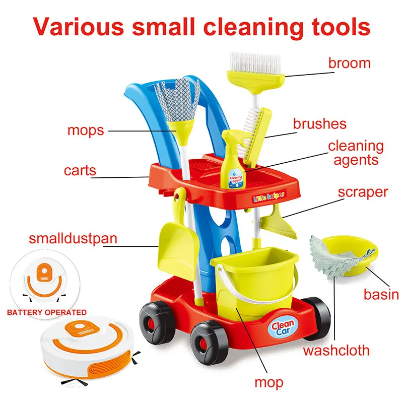 Detachable Housekeeping Cart 11 Pcs House Cleaning Tools Toys Pretend Play Broom and Mop Set Kids Cleaning Sets