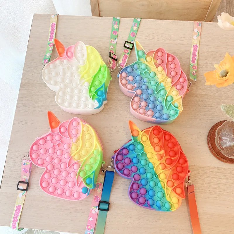 Hot Sale Fashion Silicone Bubble Macaron Cute Unicorn Shoulder Bag Stress Relief Push Bubble Fidget Bag