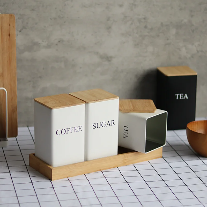 Hot Sale Minimalist Metal Tea Coffee And Sugar Canister Jar Set Wooden Storage Box White Black Can With Bamboo Lid For Kitchen