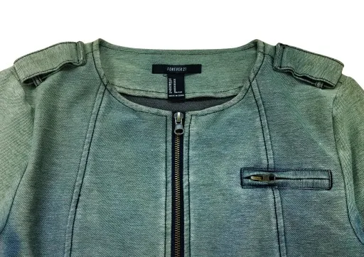 ladies knit denim washed collarless center front zipper chest besom bottom besom sleeve cuff sleeve cap zipped pockets jacket