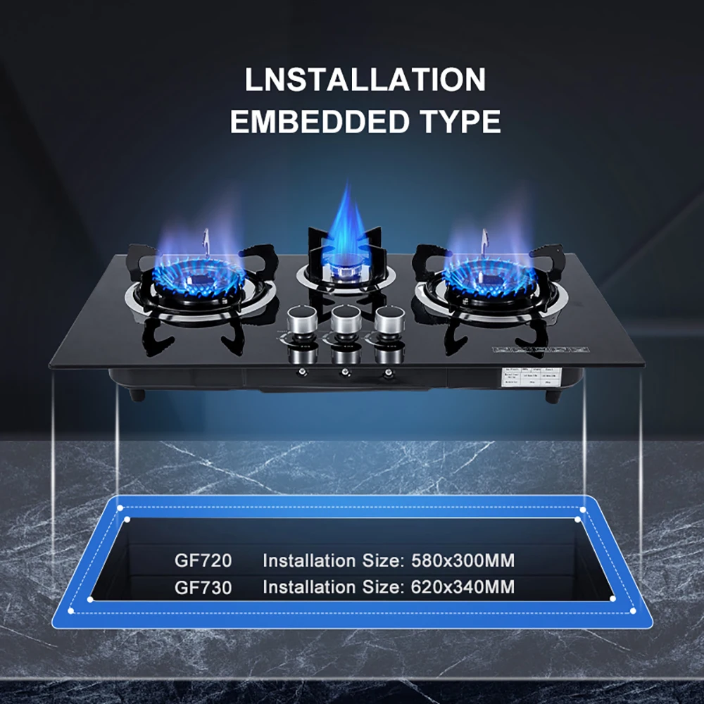 Professional Quality Custom Kitchen Built-in Glass Gas Stove Three Burner Cooktop Stove