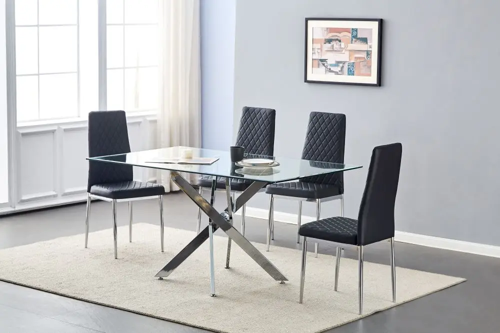 Stable And Long Lasting Rectangular Clear Glass Top Dining Table With 4 Silver Plating Metal Legs For Home Dining Room