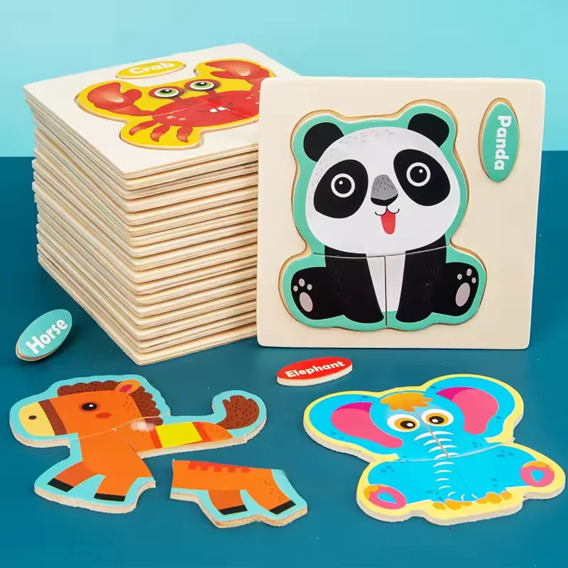 Colorful Wooden Children Jigsaw Puzzle Cartoon Animal Shapes Intelligence Educational Learning Toy For kids Boys and Girls
