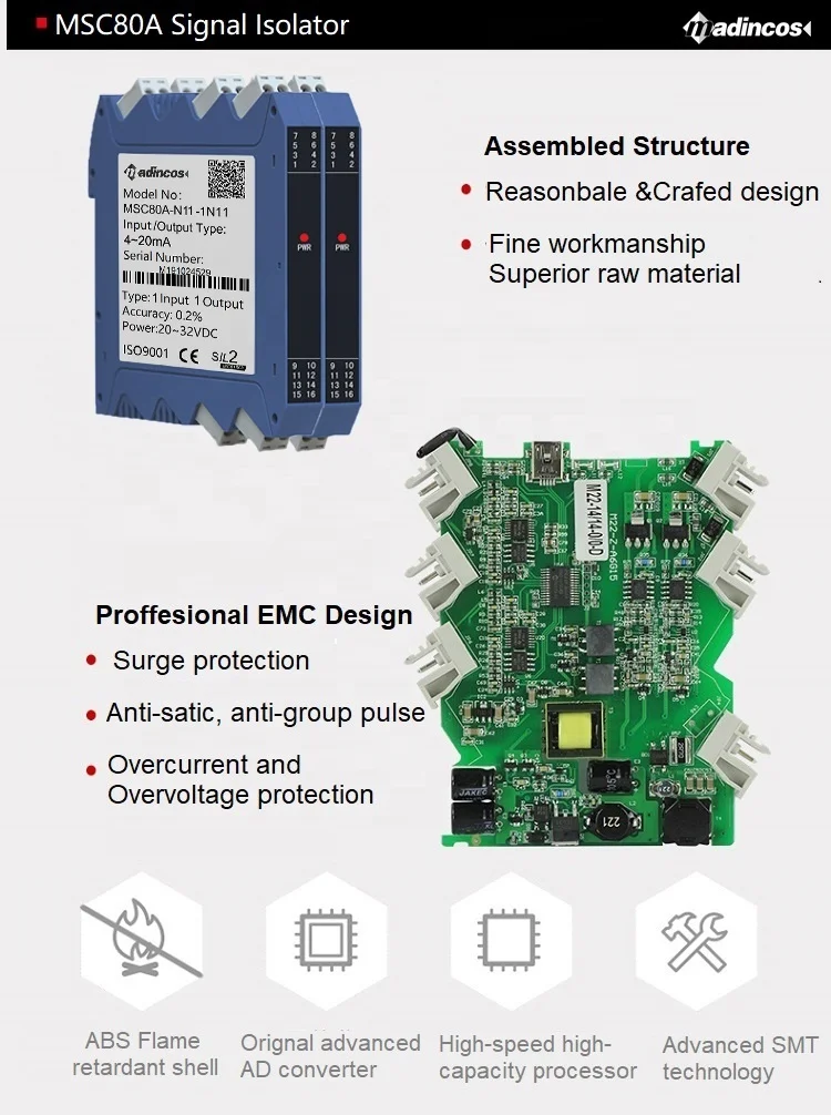 MSC80A:0.15% DIN35mm Isolated Analog Input Output 0-5v,1-5v,0-10v DC Voltage Signal Isolator Converter for PCL, DCS