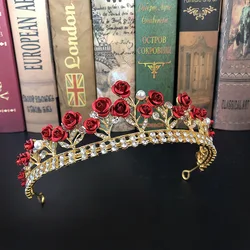 Bridal Accessories Wedding Gold Crown Pearl Red Rose Flower Crystal Tiaras