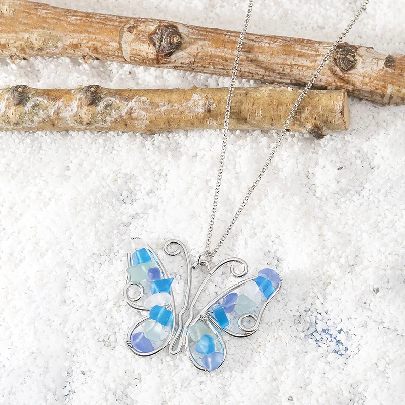 4 Colors Cascade Beach Sea Glass Beads Environmental Butterfly Dolphin Stone Floating Sea Glass Beach Pendant Necklace