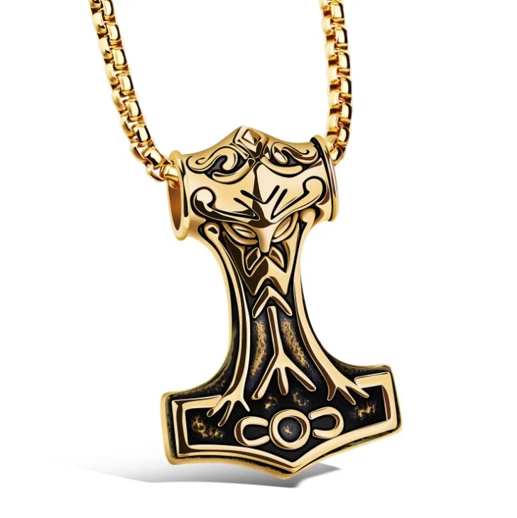 Cool stainless steel mens  gold jewelry necklace thor hammer necklace