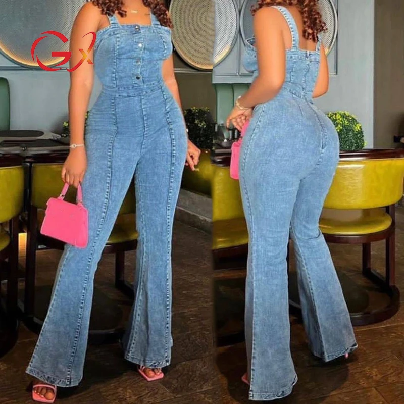GX3545 Fashion summer street wear sleeveless unique skinny jeans flare one piece denim jumpsuit women
