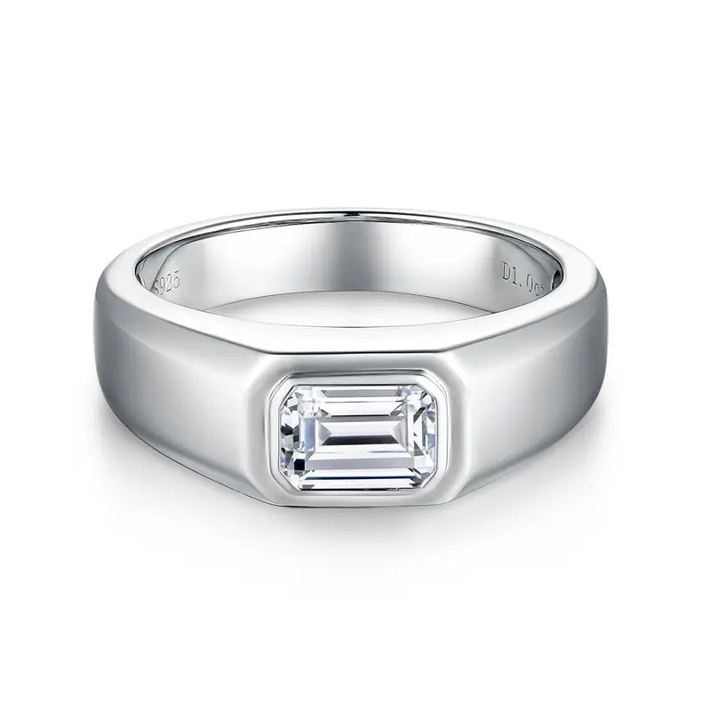 De  Fine Jewelry Sparkling Classic Luxury 925 Sterling Silver VVS1 1ct Emerald Cut Moissanite Square Ring for Men