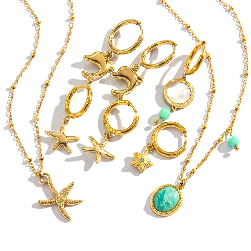 Tropical wind ocean elements necklace earrings jewelry set 14K gold plated starfish dolphin animal stainless steel beach jewelry
