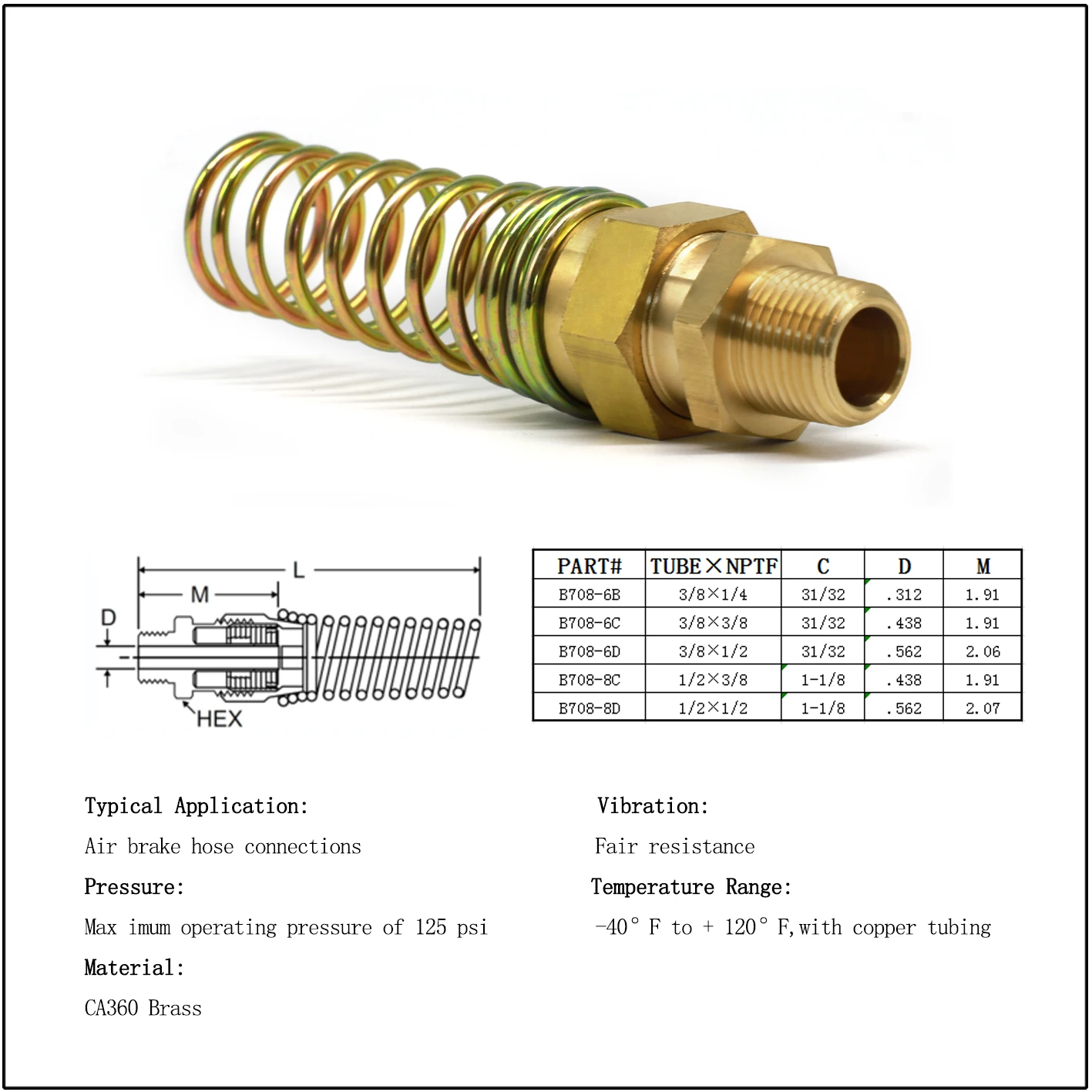 Brass DOT Rubber Hose Connector With Spring Guard