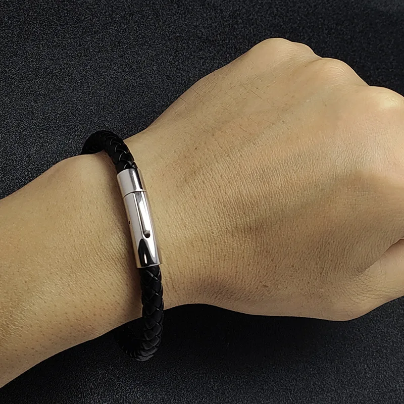 Personalized 6mm Synthetic Leather Wrist Band Black Red Blue Stainless Steel and Leather Bracelets for Men Jewelry Use