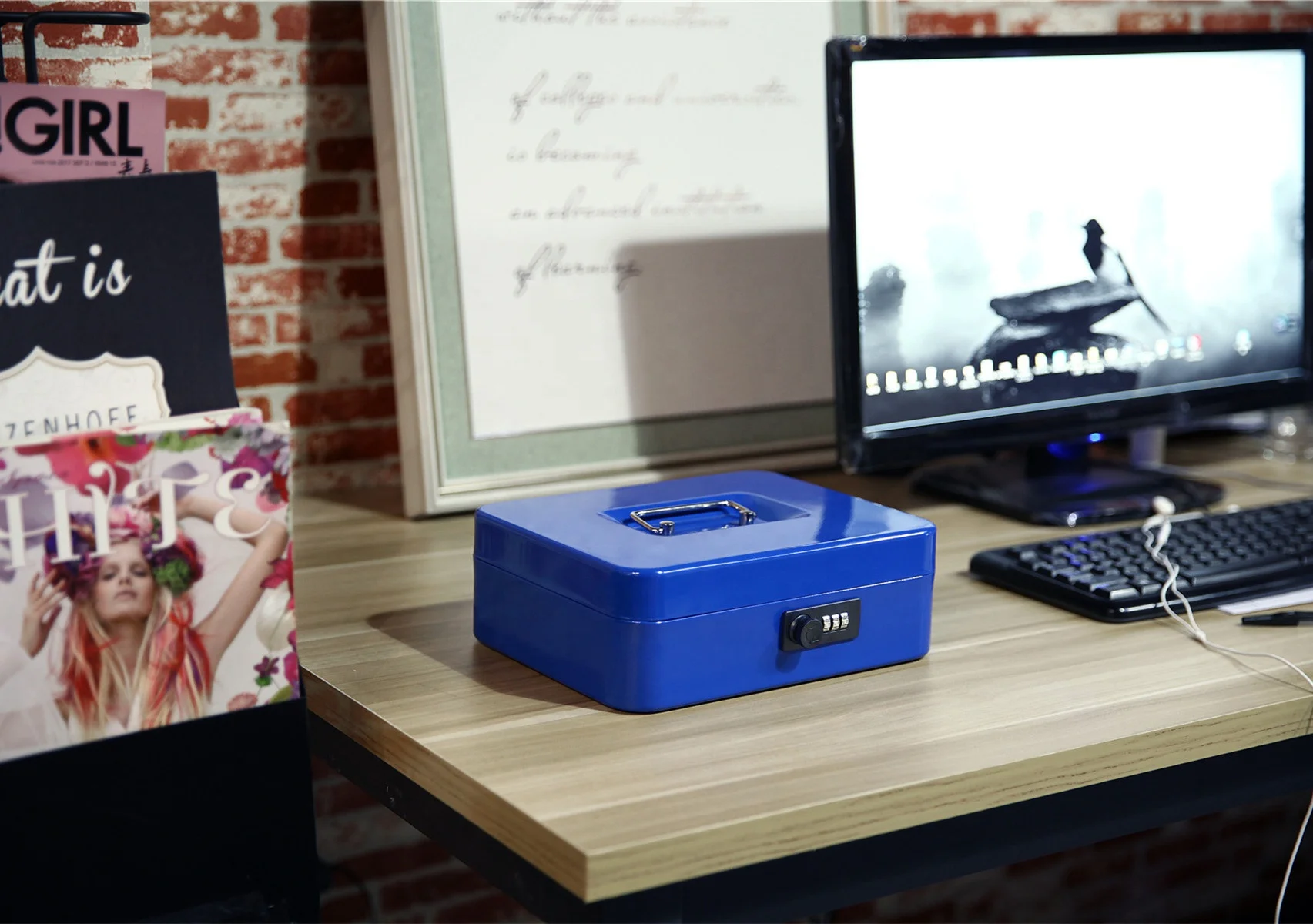 Blue color Large Cash Box with code Lock portable Money Box with Removable Coin Tray