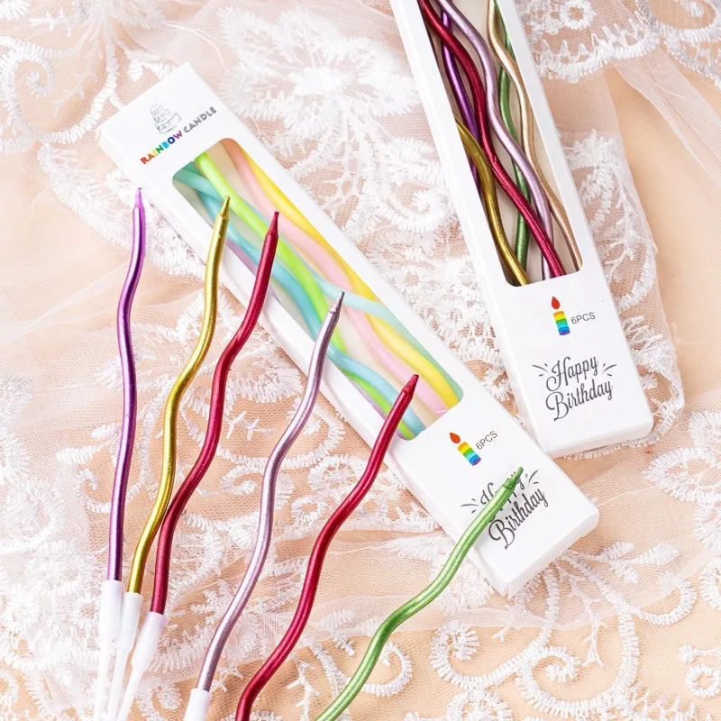 Wholesale Festival Birthday Party Supplies Net Red Curve Gold-plated 6 Pcs Multi-Colorful Spiral Happy Birthday Candle
