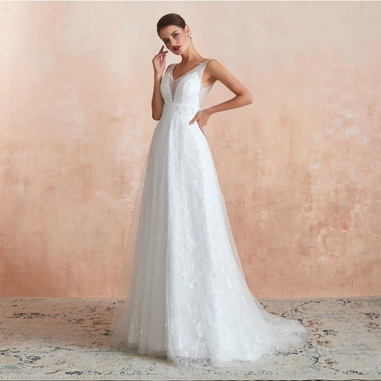 2022  Ladies Evening Fashion A-Line Backless Pearl White Bridal Wedding Dresses