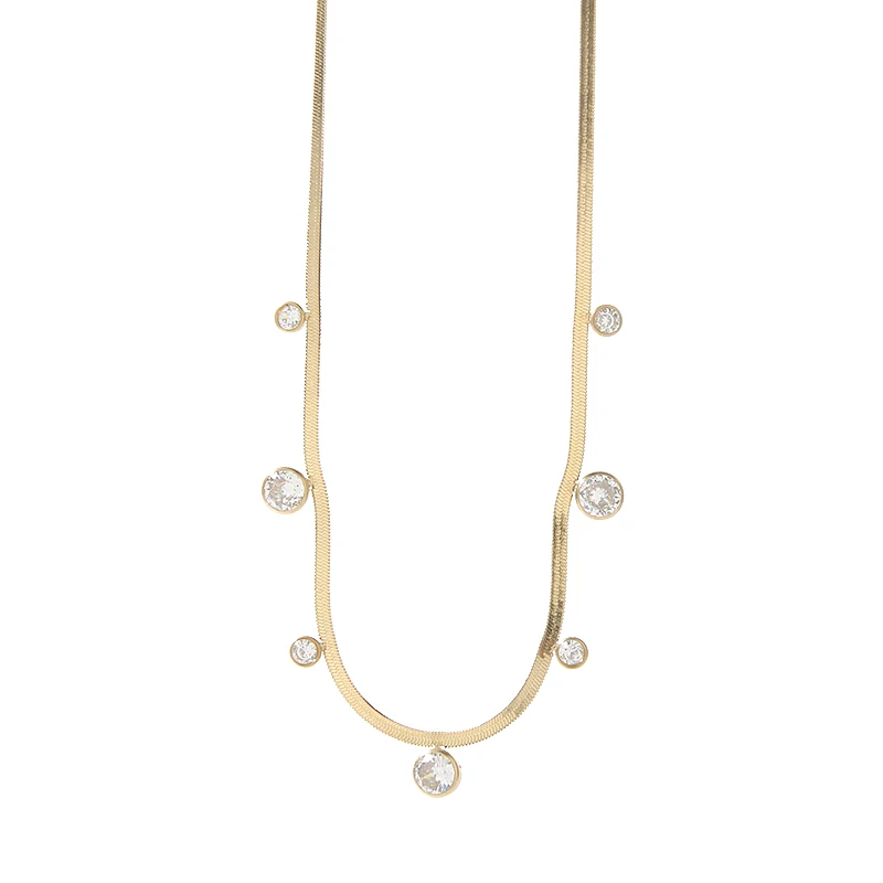 Stainless Steel Gold Plated Simple Charm Snake Herringbone Necklace with Gemstones Around