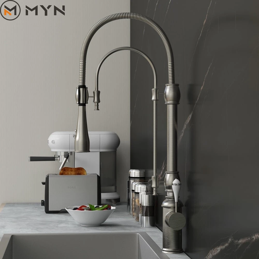 Latest all copper brass American style chrome black gold kitchen faucet sink spring pressurized cold and hot rotating faucet