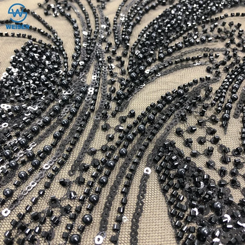 Luxury wedding sheer French lace sequins handmade tube bead lace fabric with gemstone beaded sheer lace WS3388