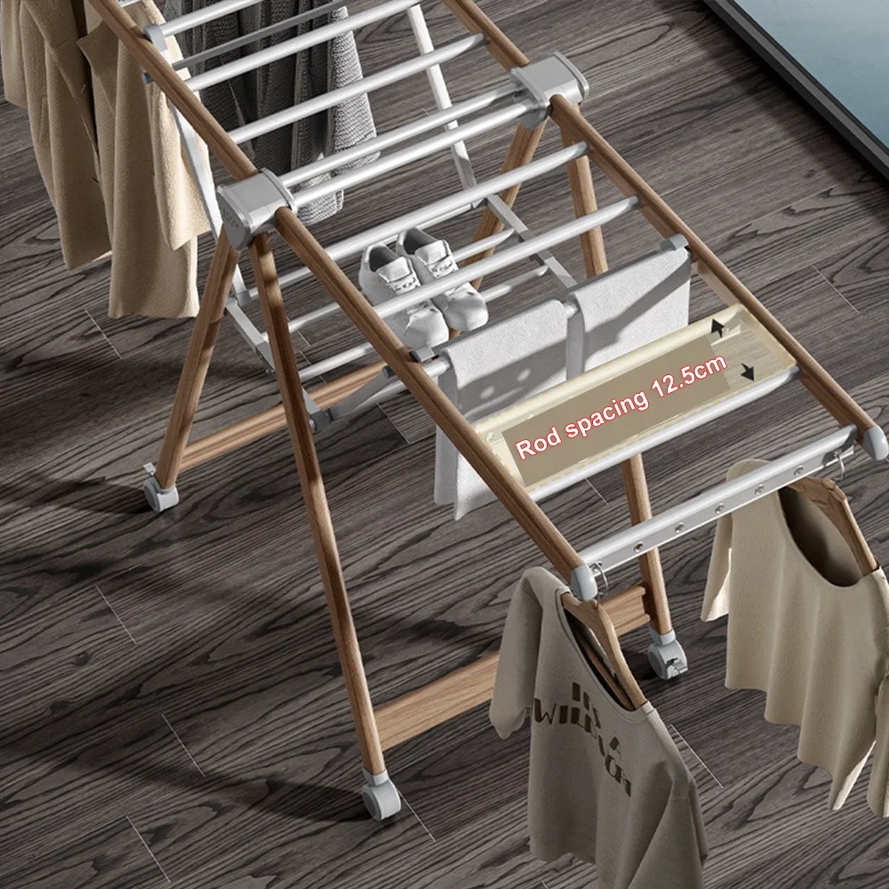 1.6m Wooden Color Folding aluminum clothes drying rack hanging retractable cloth drying rack used for balcony living room